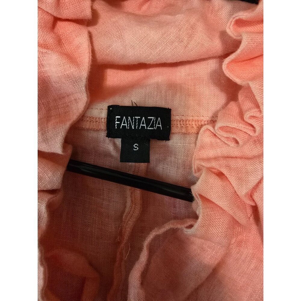 Fantazia Pink Oversized Lagenlook Ruffled Button-Front Linen Jacket With Pockets - Picture 3 of 6